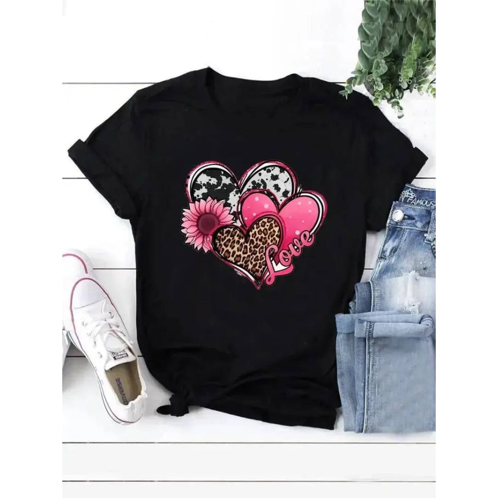 Plus Size T-Shirt - Heart Sunflower & Letter Print Tee - DM121B / L