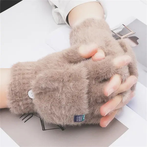 Women’s Plush Fingerless Winter Gloves – Soft Thickened Flip Mitten for Outdoor & Cold Protection - kaqise / One Size