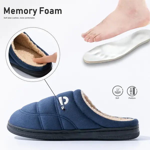 Pmoiste Fuzzy Suede Living Room Shoes Men Comfortable Soft Warm Sewing Memory Foam House Slippers Winter Indoor