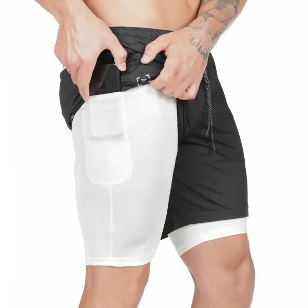 Pocket Compression Shorts for Active Moisture Wicking Comfort - Black and white / 2XL