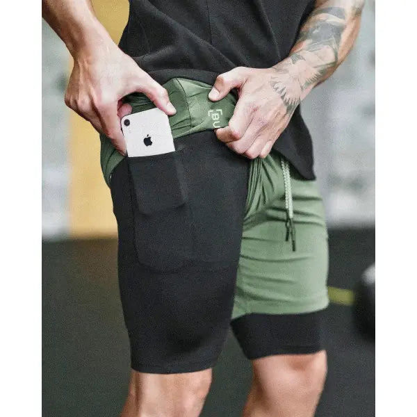 Pocket Compression Shorts for Active Moisture Wicking Comfort - Green black / 2XL