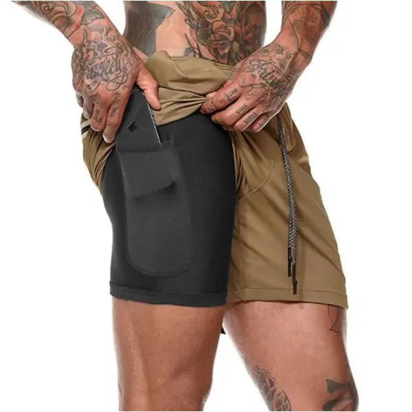 Pocket Compression Shorts for Active Moisture Wicking Comfort - Khaki / L