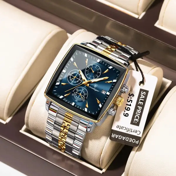 Waterproof chronograph date quartz movement men watch stainless steel square luxury