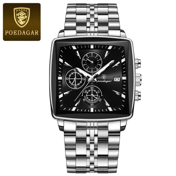 Waterproof chronograph date quartz movement men watch stainless steel square luxury - 866 Silver Black