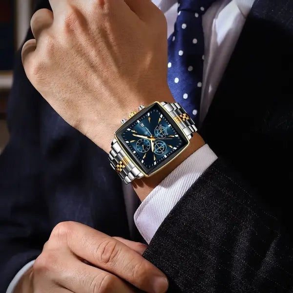 Waterproof chronograph date quartz movement men watch stainless steel square luxury