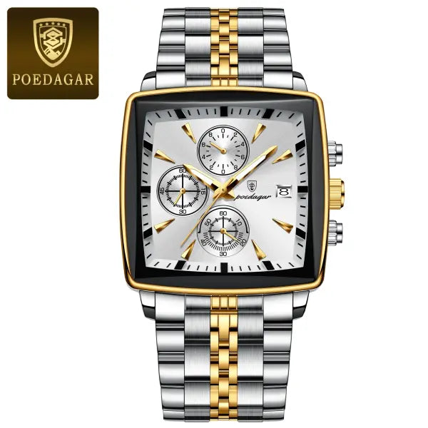 Waterproof chronograph date quartz movement men watch stainless steel square luxury - 866 Gold White