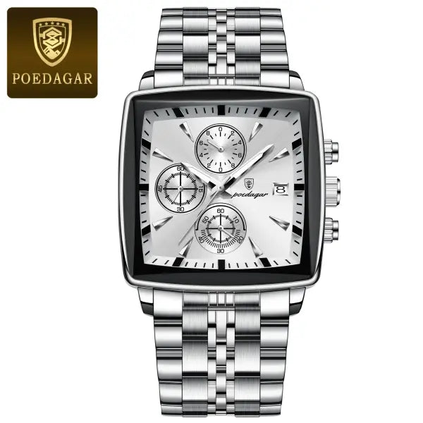 Waterproof chronograph date quartz movement men watch stainless steel square luxury - 866 Silver White