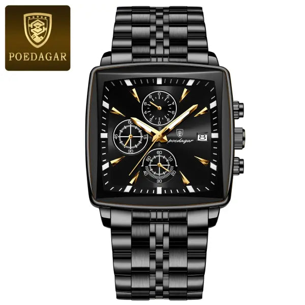 Waterproof chronograph date quartz movement men watch stainless steel square luxury - 866 Black Black