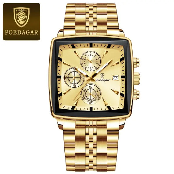 Waterproof chronograph date quartz movement men watch stainless steel square luxury - 866 Gold Gold