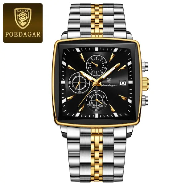Waterproof chronograph date quartz movement men watch stainless steel square luxury - 866 Gold Black