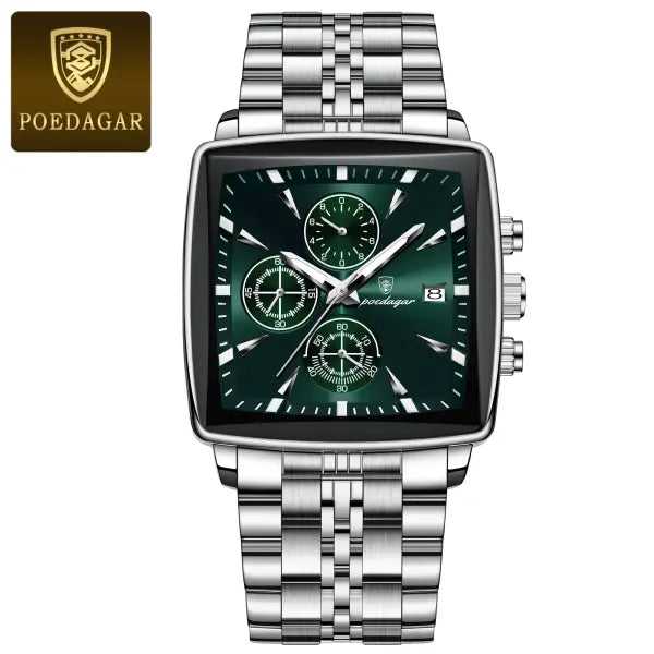 Waterproof chronograph date quartz movement men watch stainless steel square luxury - 866 Silver Green