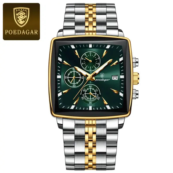 Waterproof chronograph date quartz movement men watch stainless steel square luxury - 866 Gold Green