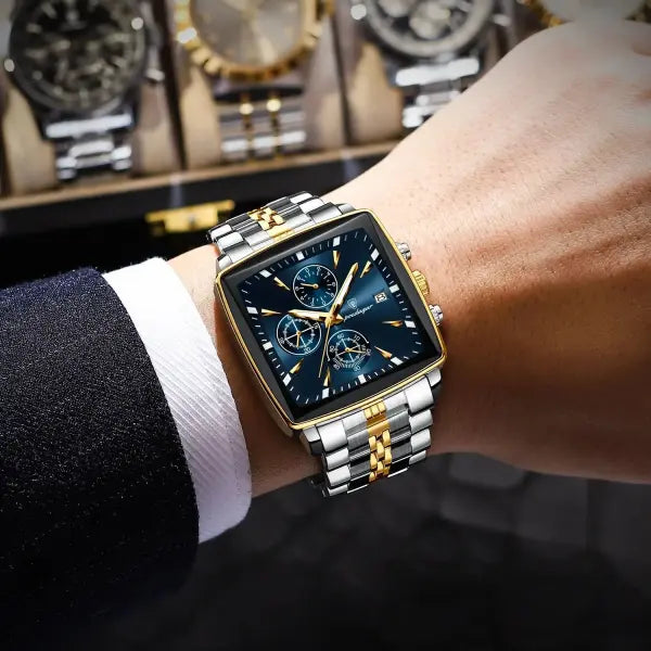 Waterproof chronograph date quartz movement men watch stainless steel square luxury