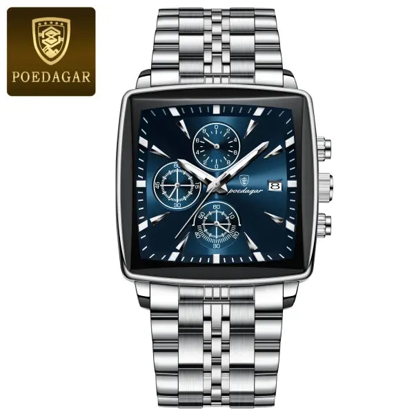 Waterproof chronograph date quartz movement men watch stainless steel square luxury - 866 Silver Blue