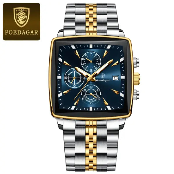Waterproof chronograph date quartz movement men watch stainless steel square luxury - 866 Gold Blue