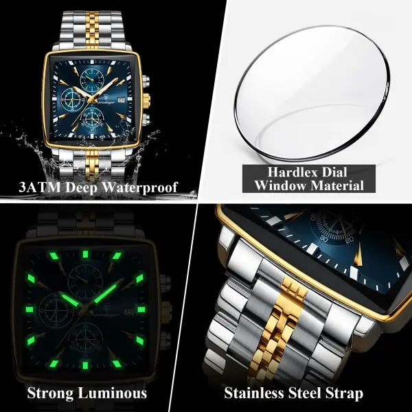 Waterproof chronograph date quartz movement men watch stainless steel square luxury