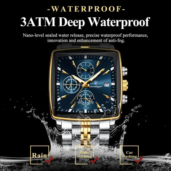 Waterproof chronograph date quartz movement men watch stainless steel square luxury