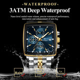 Waterproof chronograph date quartz movement men watch stainless steel square luxury