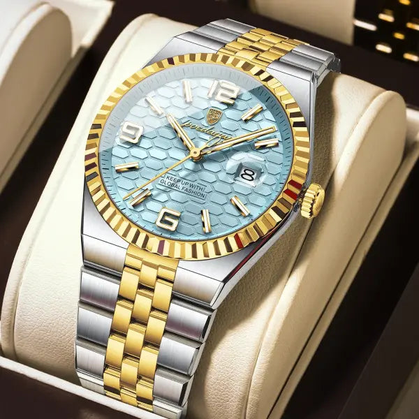 Waterproof Stainless Steel Quartz Watch with Arabic Numeral Markers - 839 Gold MintBlue