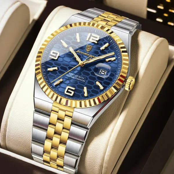 Waterproof Stainless Steel Quartz Watch with Arabic Numeral Markers - 839 Gold Blue