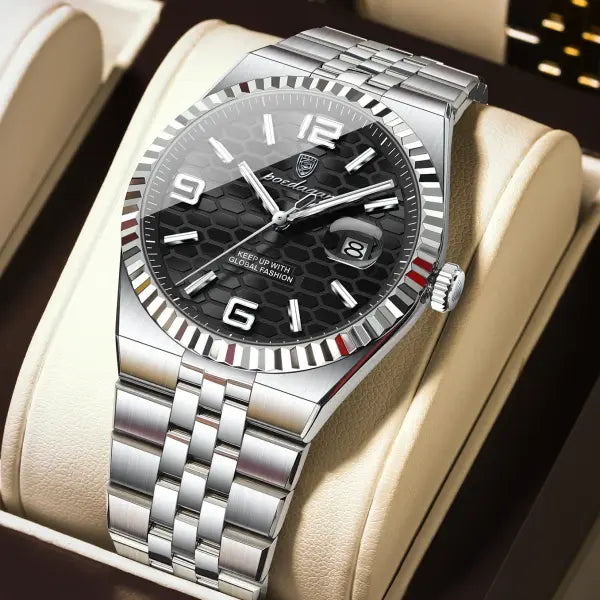 Waterproof Stainless Steel Quartz Watch with Arabic Numeral Markers - 839 Silver Black