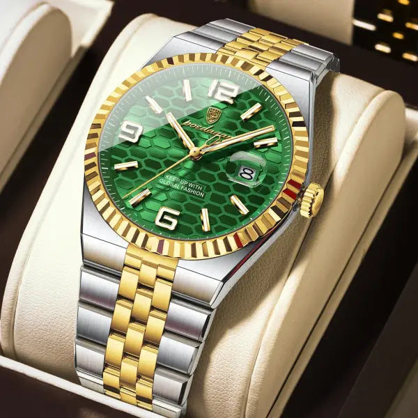 Waterproof Stainless Steel Quartz Watch with Arabic Numeral Markers - 839 Gold Green
