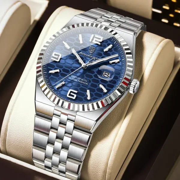 Waterproof Stainless Steel Quartz Watch with Arabic Numeral Markers - 839 Silver Blue
