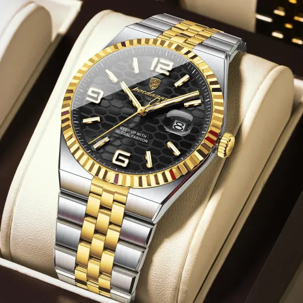 Waterproof Stainless Steel Quartz Watch with Arabic Numeral Markers - 839 Gold Black