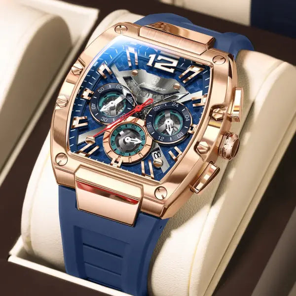 Poedagar luxury man quartz watch silicone material type waterproof chronograph - 9051 RoseGold Blue