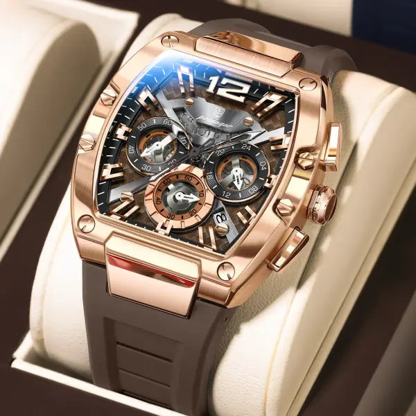 Poedagar luxury man quartz watch silicone material type waterproof chronograph - 9051 RoseGold Brown