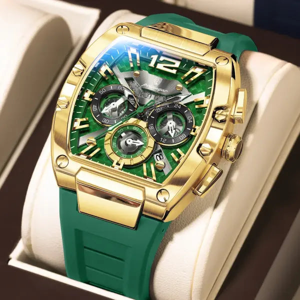 Poedagar luxury man quartz watch silicone material type waterproof chronograph - 9051 Gold Green