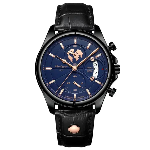 Poedagar luxury man wristwatch chronograph date leather casual quartz watch - 989 Black Blue