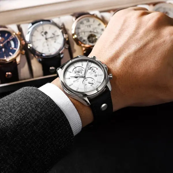 Poedagar luxury man wristwatch chronograph date leather casual quartz watch