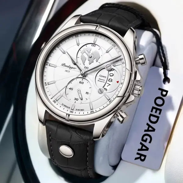 Poedagar luxury man wristwatch chronograph date leather casual quartz watch