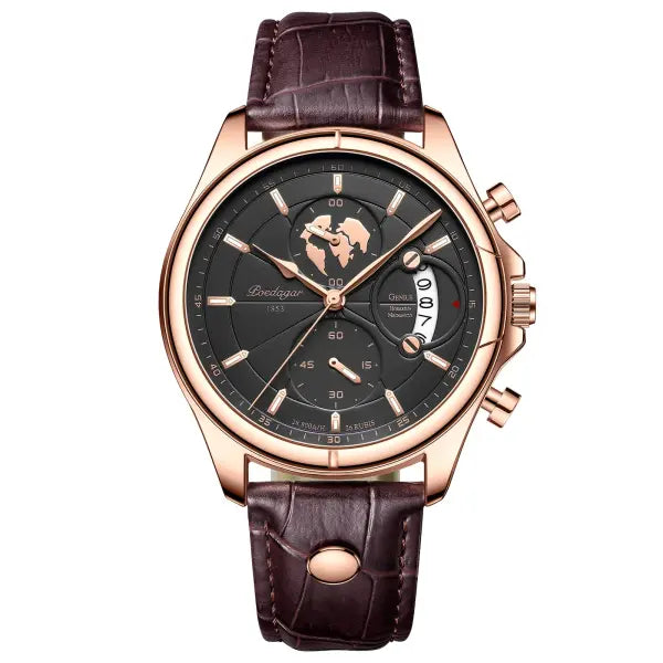 Poedagar luxury man wristwatch chronograph date leather casual quartz watch - 989 Rose Gold Black