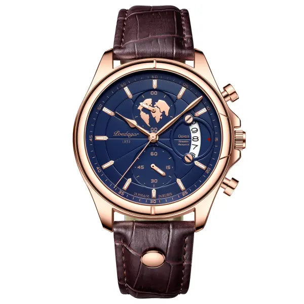 Poedagar luxury man wristwatch chronograph date leather casual quartz watch - 989 Rose Gold Blue