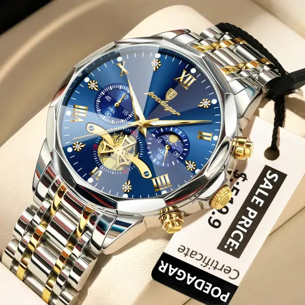 POEDAGAR Luxury Men Roman Numeral Watch with Hidden Clasp - 938 Gold Blue