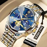 POEDAGAR Luxury Men Roman Numeral Watch with Hidden Clasp - 938 Gold Blue