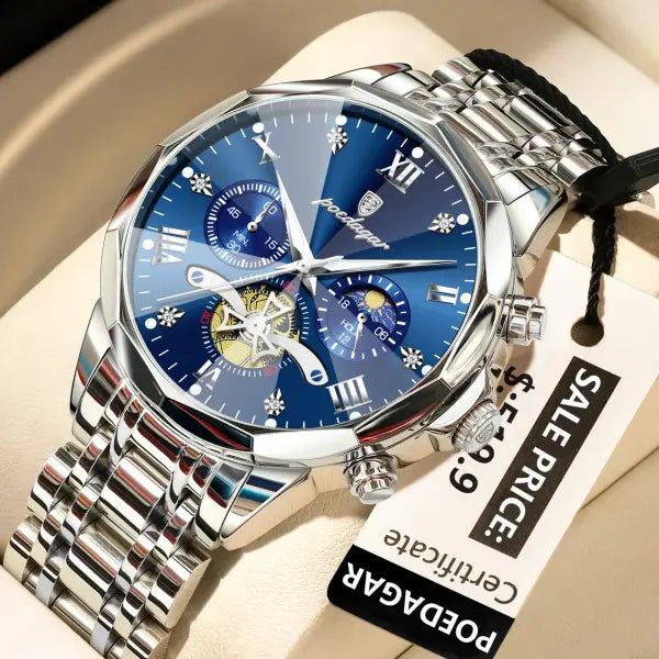 POEDAGAR Luxury Men Roman Numeral Watch with Hidden Clasp - 938 Silver Blue