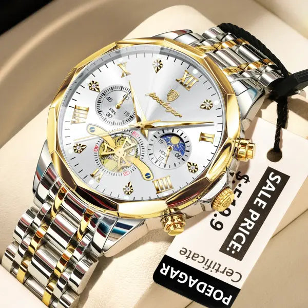 POEDAGAR Luxury Men Roman Numeral Watch with Hidden Clasp - 938 Gold Gold White