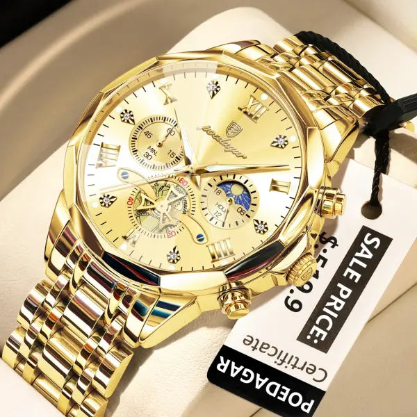 POEDAGAR Luxury Men Roman Numeral Watch with Hidden Clasp - 938 Gold Gold