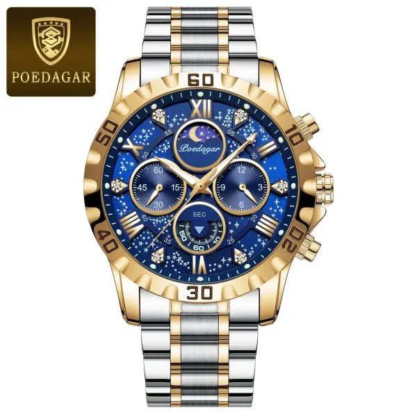 Poedagar luxury stainless steel chronograph watch for sports style - 973 Gold Blue