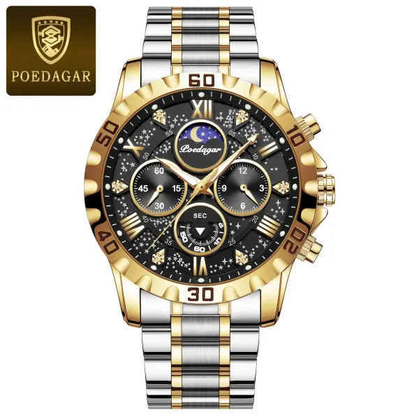 Poedagar luxury stainless steel chronograph watch for sports style - 973 Gold Black