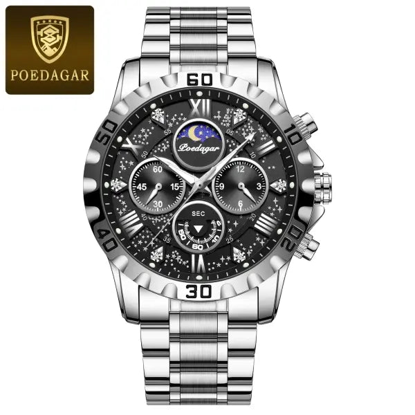Poedagar luxury stainless steel chronograph watch for sports style - 973 Silver Black
