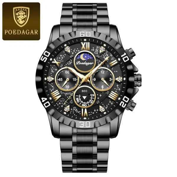 Poedagar luxury stainless steel chronograph watch for sports style - 973 Black Black