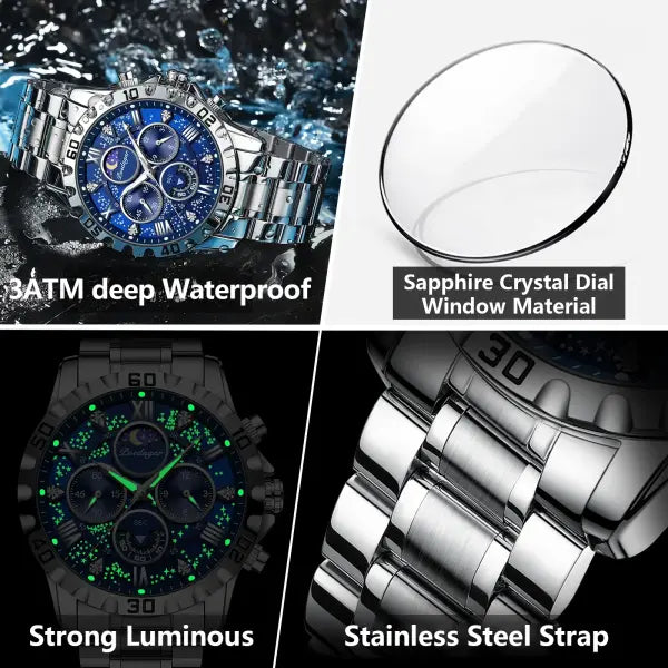 Poedagar luxury stainless steel chronograph watch for sports style