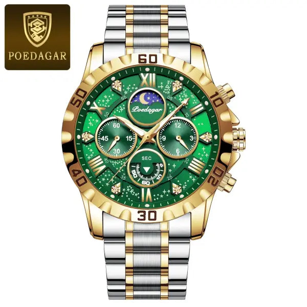 Poedagar luxury stainless steel chronograph watch for sports style - 973 Gold Green