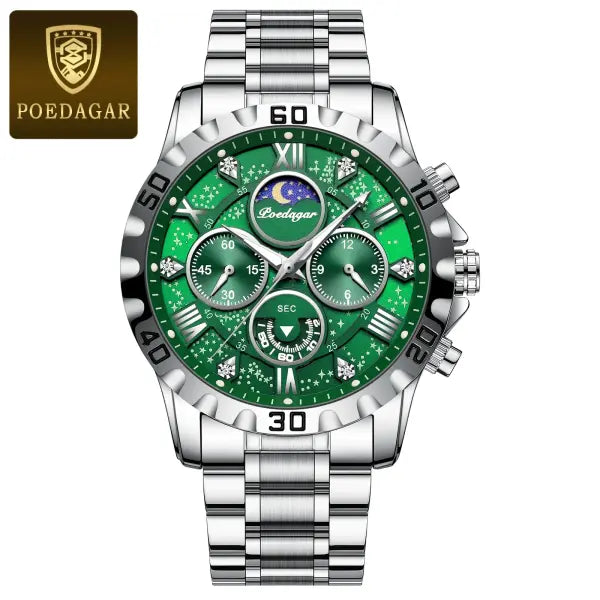 Poedagar luxury stainless steel chronograph watch for sports style - 973 Silver Green