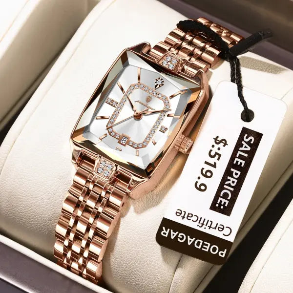Stainless steel quartz women watch elegant waterproof calendar - 785 RoseGold White