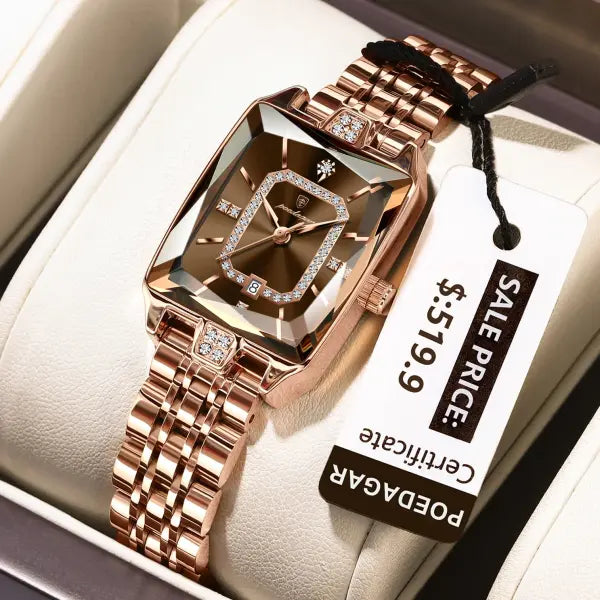 Stainless steel quartz women watch elegant waterproof calendar - 785 RoseGold Brown